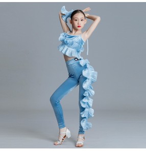 Girls kids blue white with red ruffles latin dance costumes modern salsa chacha rumba dance tops and pants for children